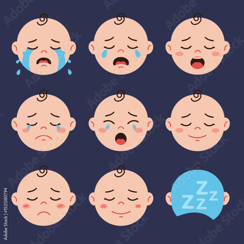 Baby facial expressions showing sadness, crying, and sleepiness 