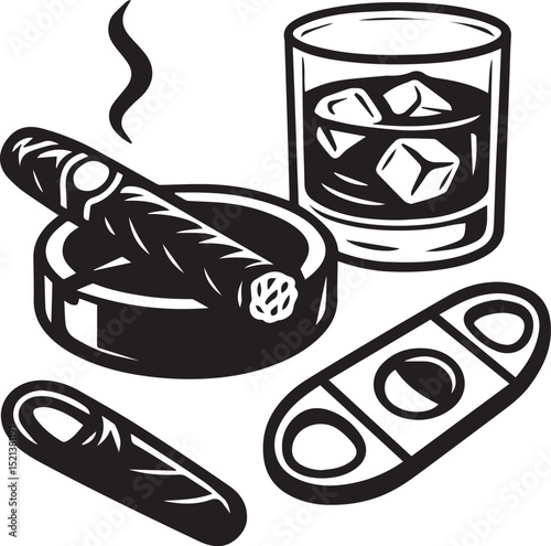 classic cigar resting on an ashtray, accompanied by a whiskey glass with ice and a cigar cutter vector illustration