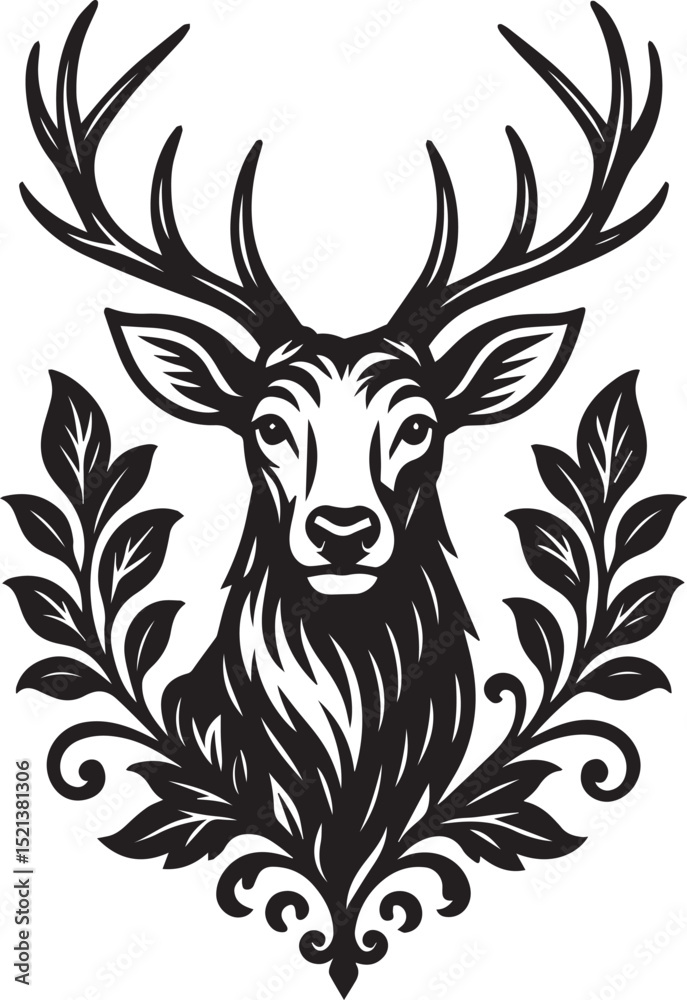 Fototapeta premium deer with large antlers, surrounded by decorative foliage, evoking a sense of nature, wildlife, and elegance vector illustration