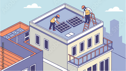 Workers installing solar panels on a building rooftop with a ladder and city skyline in the background