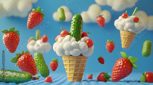 Whimsical Ice Cream Cone with Strawberries and Cucumbers in Sky