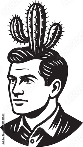 man with cacti growing from his head, symbolizing resilience, creativity, and surreal thinking vector illustration