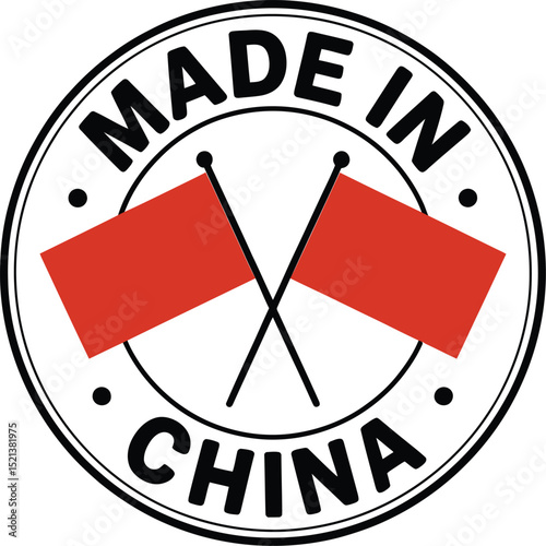 Circular Made in China Label Design with Two Red Flags Symbolizing Products Originated There