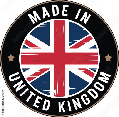 Made in United Kingdom Round Logo with UK Flag, Stars, and Text Illustration