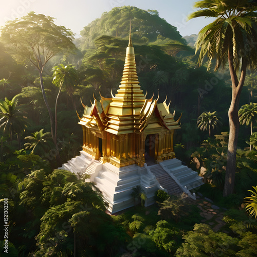 Golden Temple Sanctuary: A magnificent golden temple stands proudly amidst a vibrant green tropical forest, bathed in soft sunlight. The architecture is inspiring.