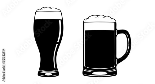 Silhouette of a beer glass and mug on transparent background, beverage concept