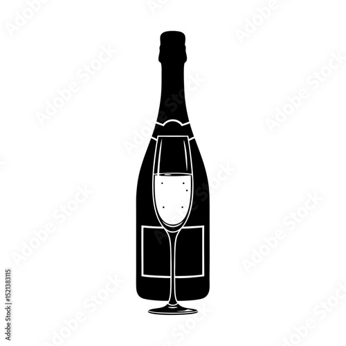 Silhouette of a champagne bottle and glass on transparent background, beverage concept