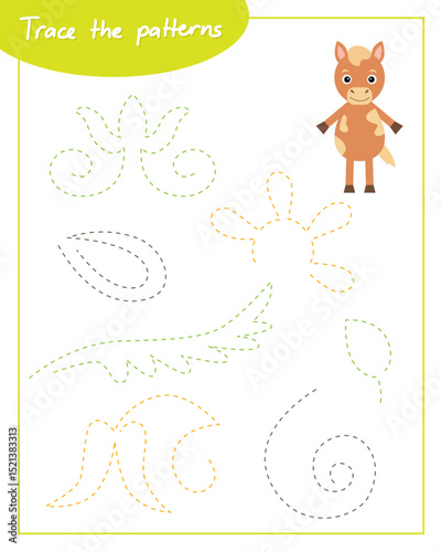 Trace the patterns with horse. Connect the lines. Hand Trainer. Recipe for children.