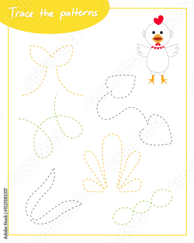 Trace the patterns with rooster. Connect the lines. Hand Trainer. Recipe for children.