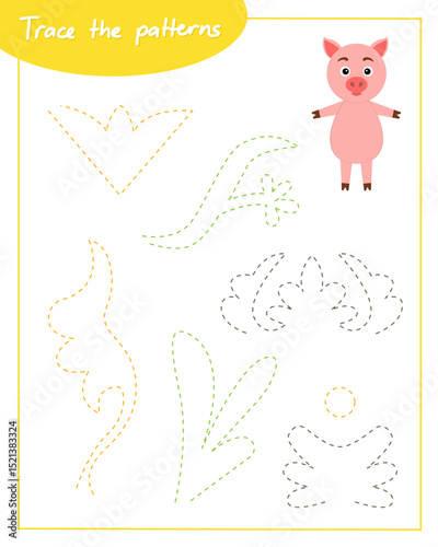 Trace the patterns with pig. Connect the lines. Hand Trainer. Recipe for children.