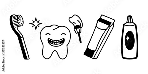 line icons related to tooth brushing, dentifrice, toothbrush, dental care, toothpaste, mouthwash, teeth protect, Editable stroke. Vector illustration 