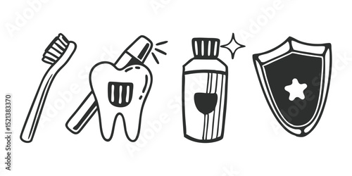 line icons related to tooth brushing, dentifrice, toothbrush, dental care, toothpaste, mouthwash, teeth protect, Editable stroke. Vector illustration 