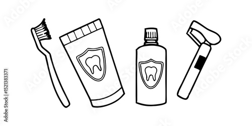 line icons related to tooth brushing, dentifrice, toothbrush, dental care, toothpaste, mouthwash, teeth protect, Editable stroke. Vector illustration 