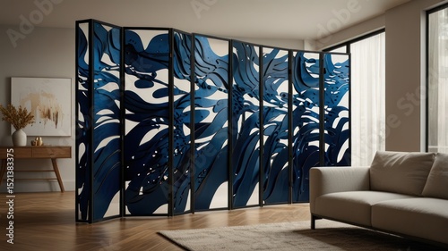 Modern room divider with abstract blue design