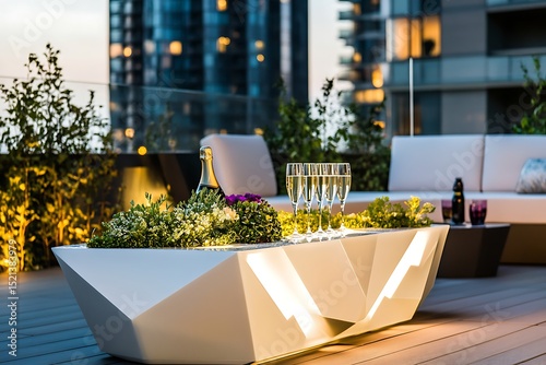 Chic rooftop garden with modern geometric planters, an open-air lounge with luxe seating, and champagne flutes elegantly placed on a sleek glass coffee table, set against the backdrop of high-rise bui