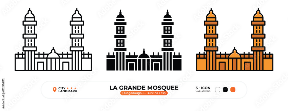 Obraz premium La Grande Mosquee Line Icon. Ouagadougou, Burkina Faso, Landmark, Silhouette, Color Vector, Editable Stroke.