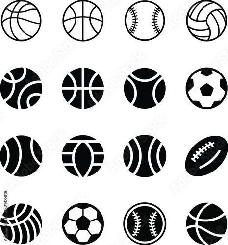 Set of various sport balls in black and white minimalistic outline style