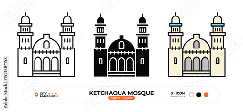 Ketchaoua Mosque Line Icon. Algiers, Algeria, Landmark, Silhouette, Color Vector, Editable Stroke.