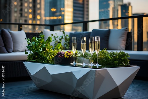 Chic rooftop garden with modern geometric planters, an open-air lounge with luxe seating, and champagne flutes elegantly placed on a sleek glass coffee table, set against the backdrop of high-rise bui