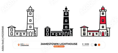 Jamestown Lighthouse Line Icon. Accra, Ghana, Landmark, Silhouette, Color Vector, Editable Stroke.