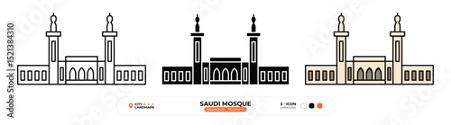 Saudi Mosque Line Icon. Nouakchott, Mauritania, Landmark, Silhouette, Color Vector, Editable Stroke.