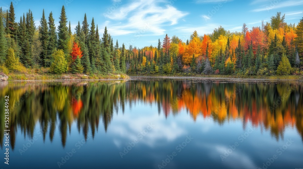 Obraz premium A serene lake surrounded by vibrant autumn foliage reflecting in the water.