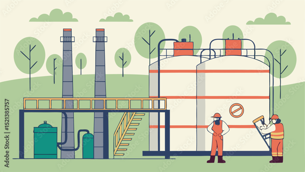 Fototapeta premium Illustration of industrial plant with storage tanks, smokestacks, and workers in safety gear on a green field