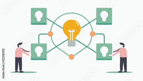 Illustration of people connecting lightbulb icons to a central lightbulb idea network concept