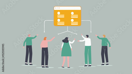 Group of people pointing at a dashboard with folders in an illustration on a grey background view