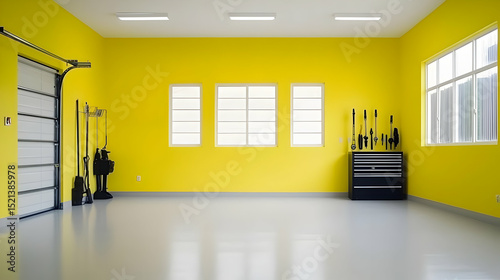 Bright Yellow Interior Garage With Gray Floors