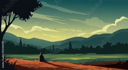 Serene Sunset Landscape Illustration