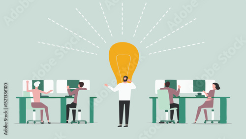 Team members celebrating a bright idea in the office with a large light bulb above the manager