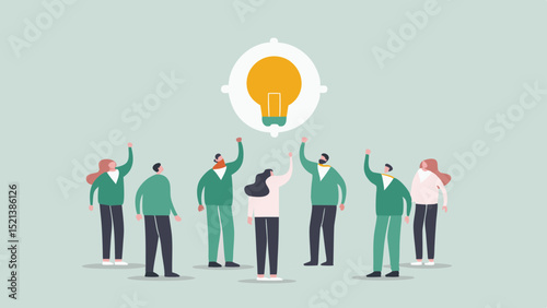 Group of people reaching up to a lightbulb target representing a collective idea generation session