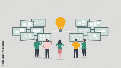 Team collaboration with data visualization screens and central lightbulb idea concept in a meeting room