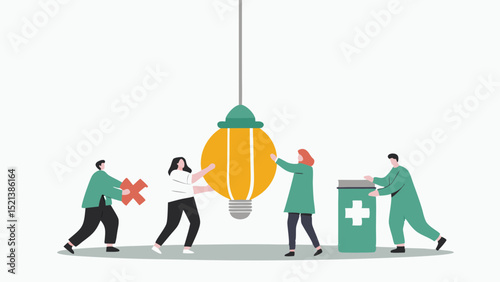 Team working on a health project with lightbulb and medicine bottle, illustration showing collaboration