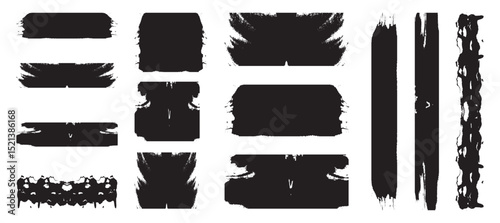 Mega bundle of different ink brush strokes: rectangle, square and round freehand drawings. Ink splatters, grungy painted lines, artistic design elements. Vector black paint brush spots. 
