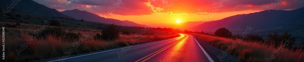 Fototapeta premium A winding road disappearing into a vibrant sunset, symbolizing the exciting possibilities and unknown adventures that lie ahead on life's journey , opportunity, nature