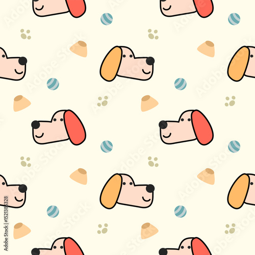 Face dog cartoon so cute. On footprint ball background. Pattern seamless vector illustration. 
