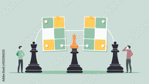 Two people strategizing with chess queens and boards connected by lines on a light background