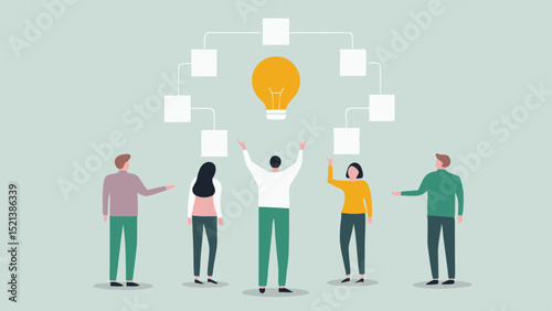 Group of people standing under a lightbulb with flowchart boxes above them in a light green background