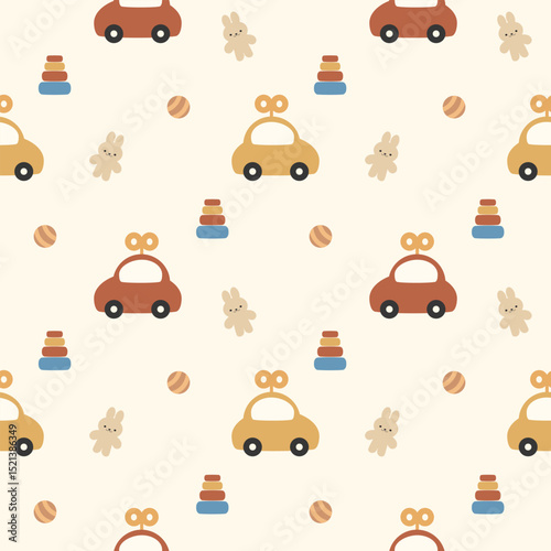 Car toy red yellow cartoon so cute. On doll rabbit ball background. Pattern seamless vector illustration. 