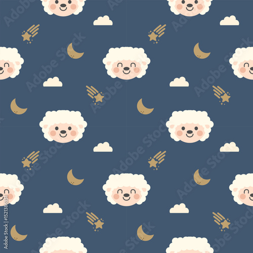 Face sheep cartoon so cute. On moon cloud meteor blue background. Pattern seamless vector illustration. 