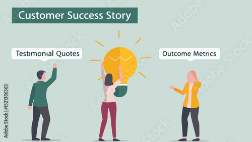 Customer success story with testimonial quotes outcome metrics and people celebrating with a light bulb