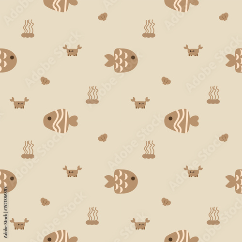 Fish brown cartoon so cute. On seaweed shell crab background. Pattern seamless vector illustration. 