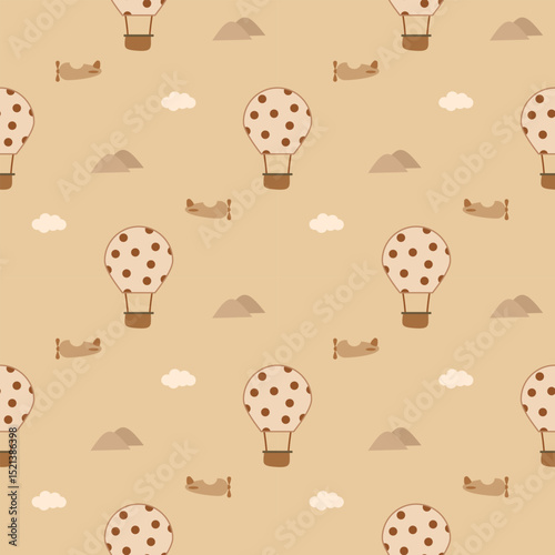 Hot air balloon cartoon so cute. On airplane cloud mountain background. Pattern seamless vector illustration. 