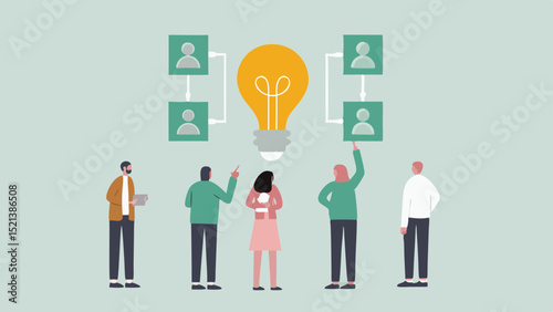 People standing around a lightbulb with connection diagrams above them in a light blue scene