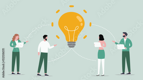 Team collaboration with a bright idea represented by a lightbulb and connected individuals sharing thoughts