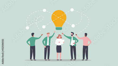 Group of people brainstorming with a lightbulb and dotted lines representing connections and ideas
