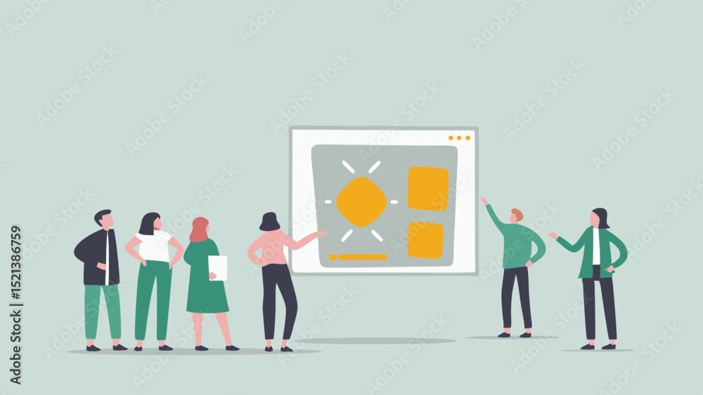 Group of people standing in front of a whiteboard with a diagram during a presentation session Group of people standing in front of a whiteboard with a diagram during a presentation session