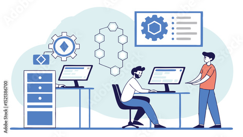 People working in an office with computers, diagrams, and storage, in a light blue and white color scheme